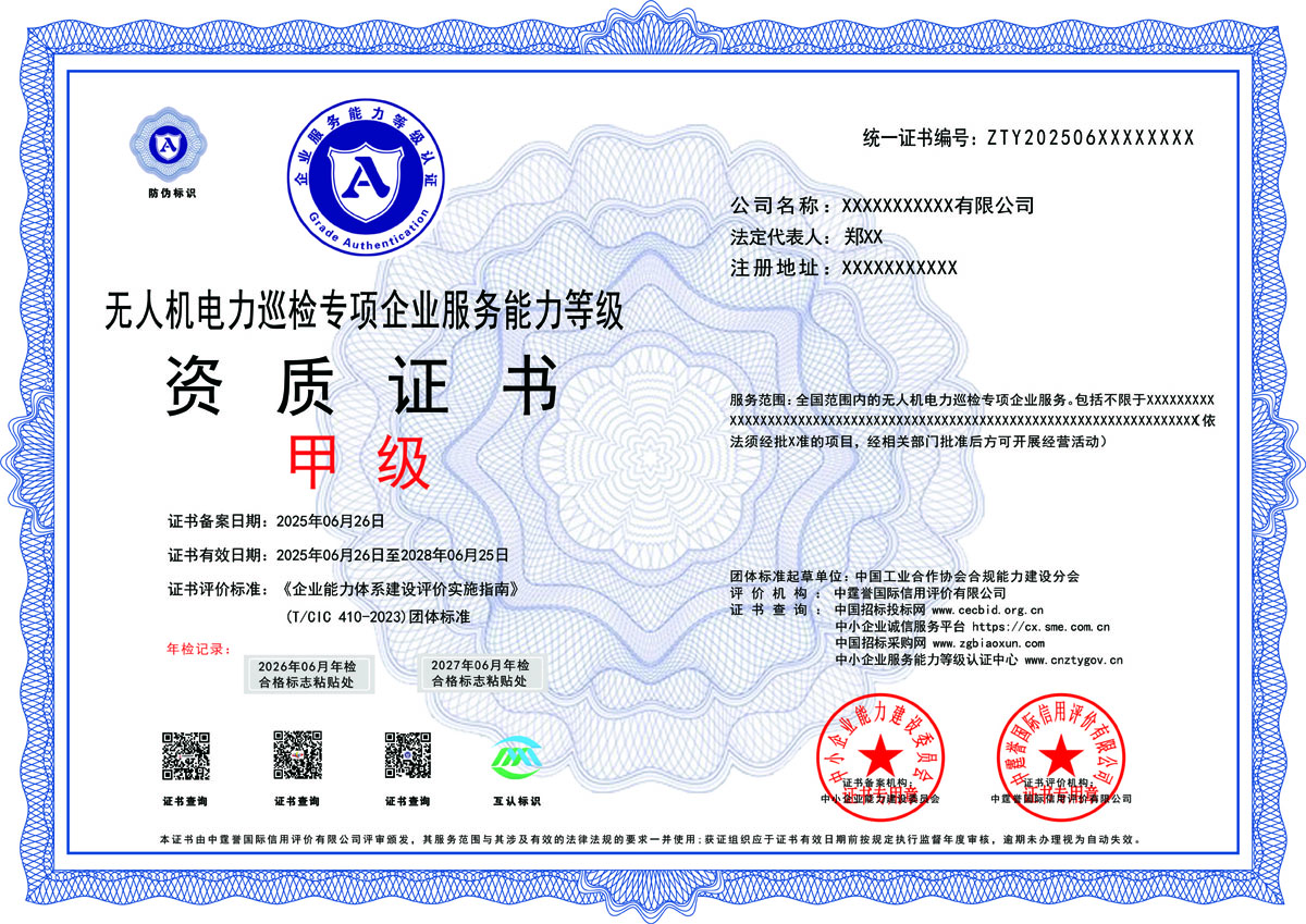 中霆誉无人机电力巡检专项企业服务能力等级
