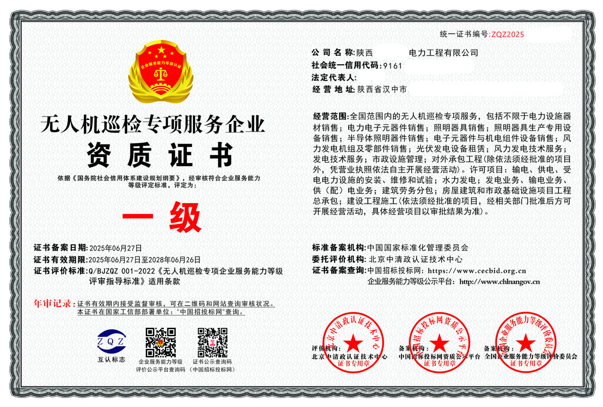 中清政无人机巡检专项服务企业资质一级证书